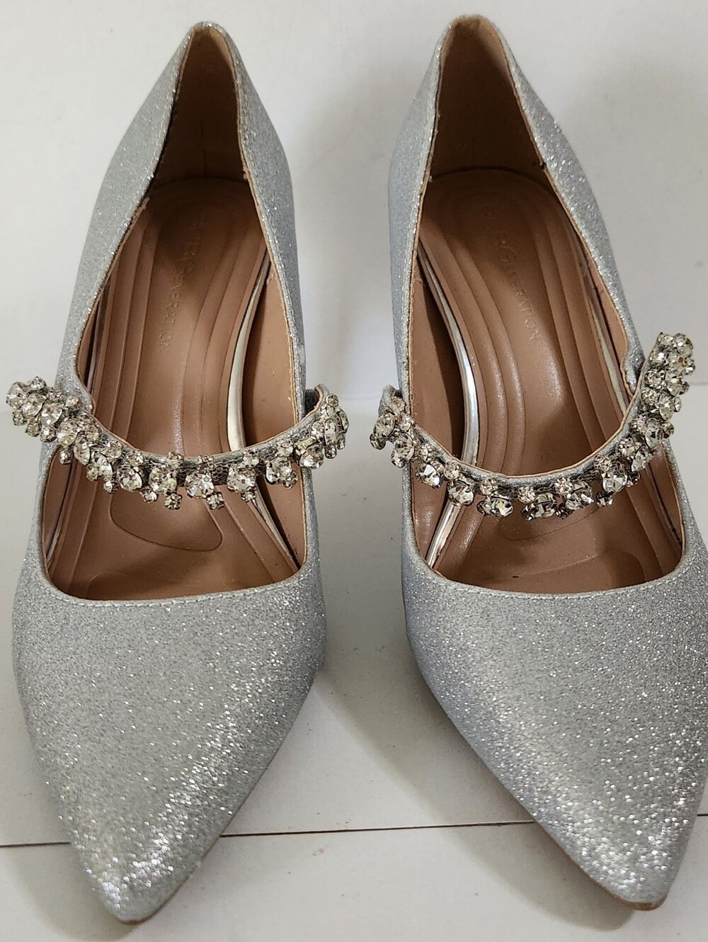 BCBGENERATION RHINESTONE POINTED TOE HEELS COLOR SILVER